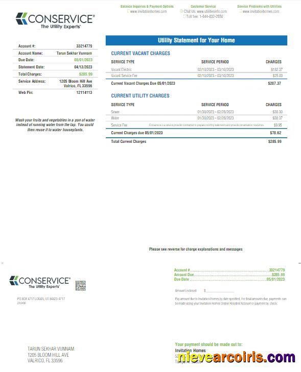 USA FLORID A CONSERVICE utility bill